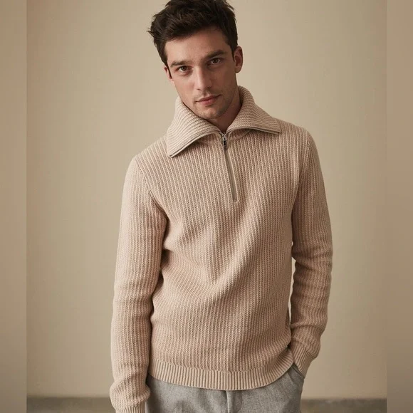 REISS NWT Fox Textured Funnel Neck Jumper Beige Half-Zip Sweater Quarter Zip - Picture 1 of 11